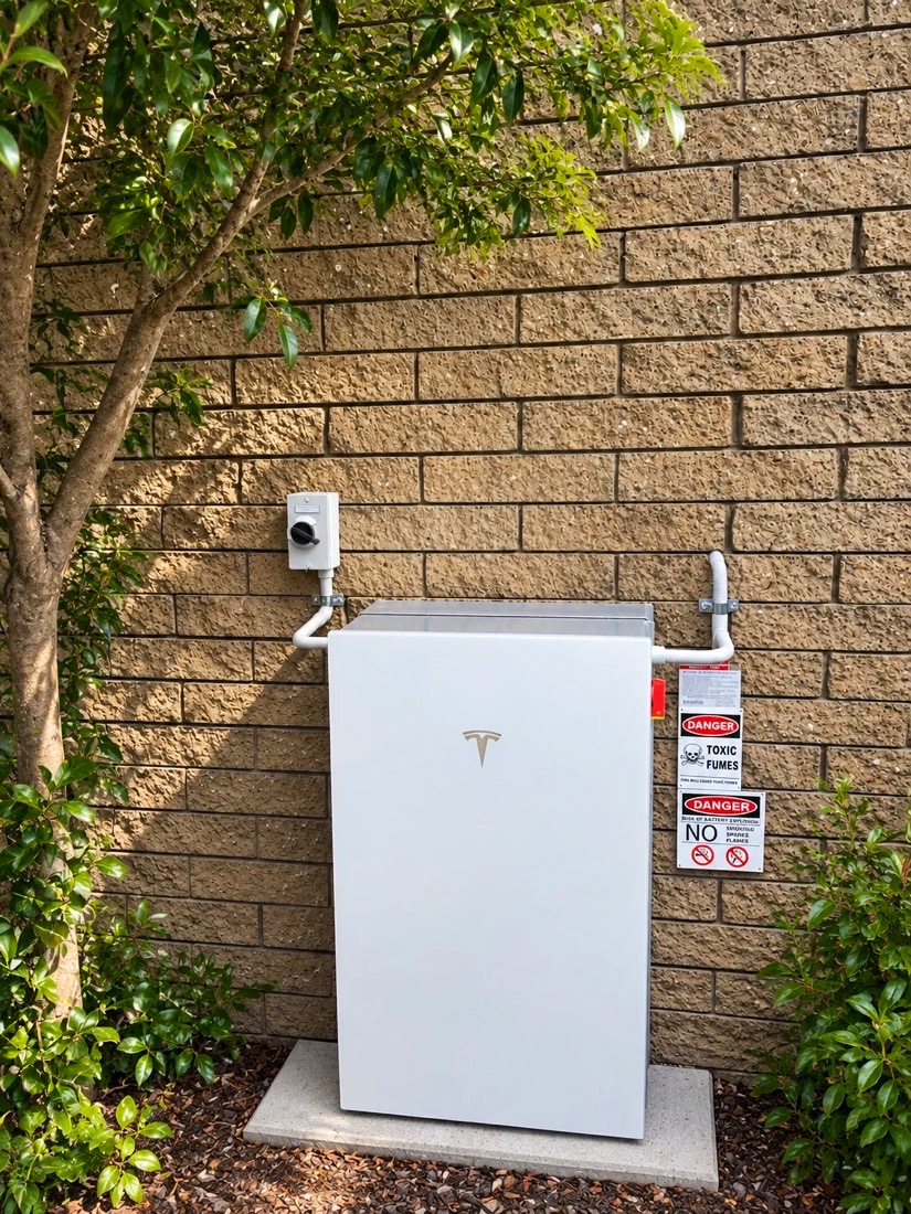 Tesla Powerwall 3 on a concrete pad against a sandstone block wall, framed by garden shrubs