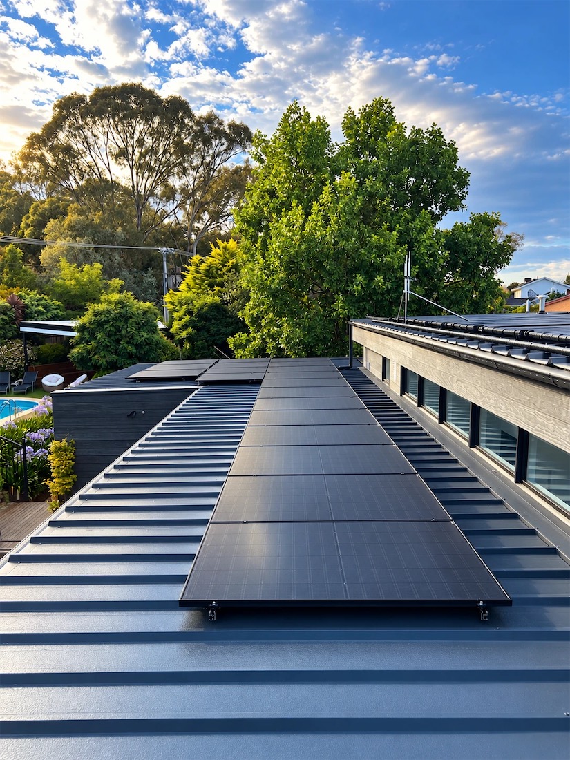 All-black solar panels running down the dark metal roof of a modern home, with a pool and garden behind