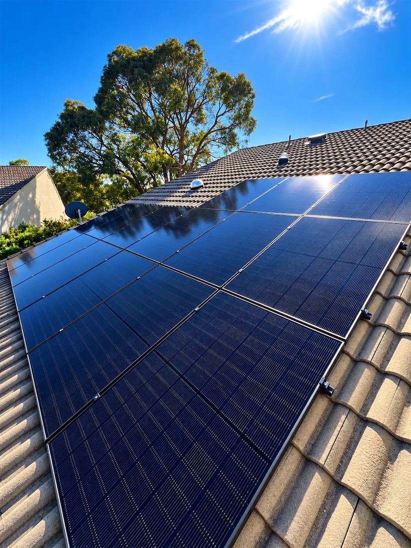 Rows of black solar panels across a concrete tile roof under a gum tree on a sunny day