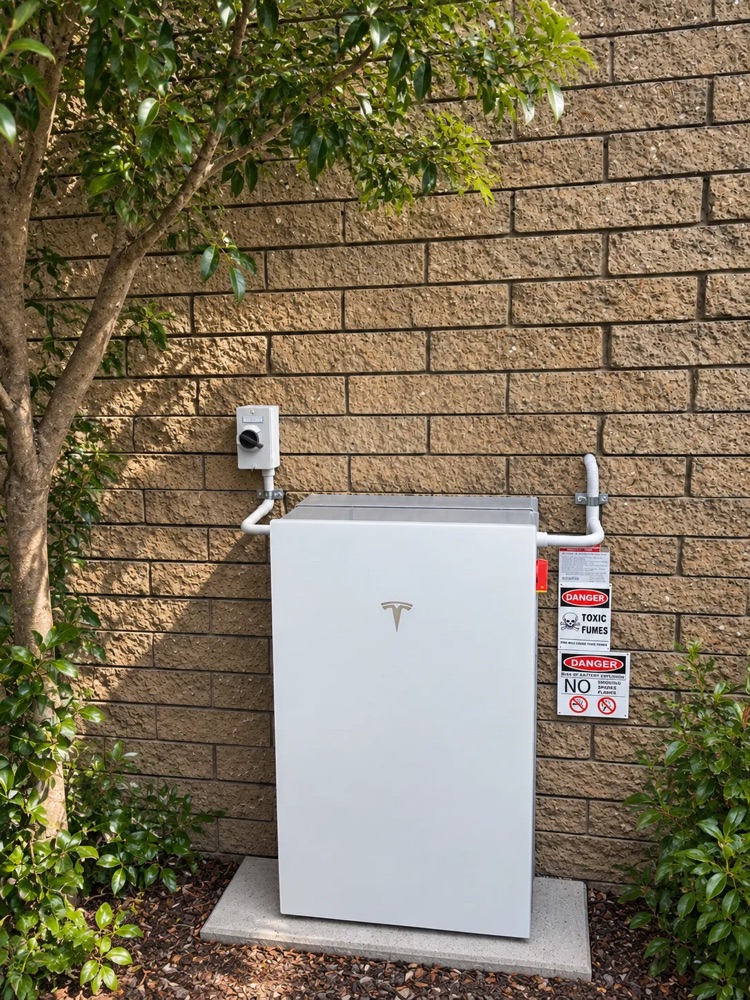 Tesla Powerwall on a concrete plinth against a block wall, framed by garden plants