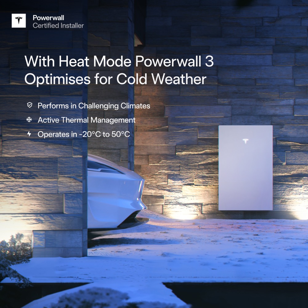 Powerwall 3 on a stone wall on a snowy night. With Heat Mode, Powerwall 3 optimises for cold weather: performs in challenging climates, active thermal management, operates in −20°C to 50°C.